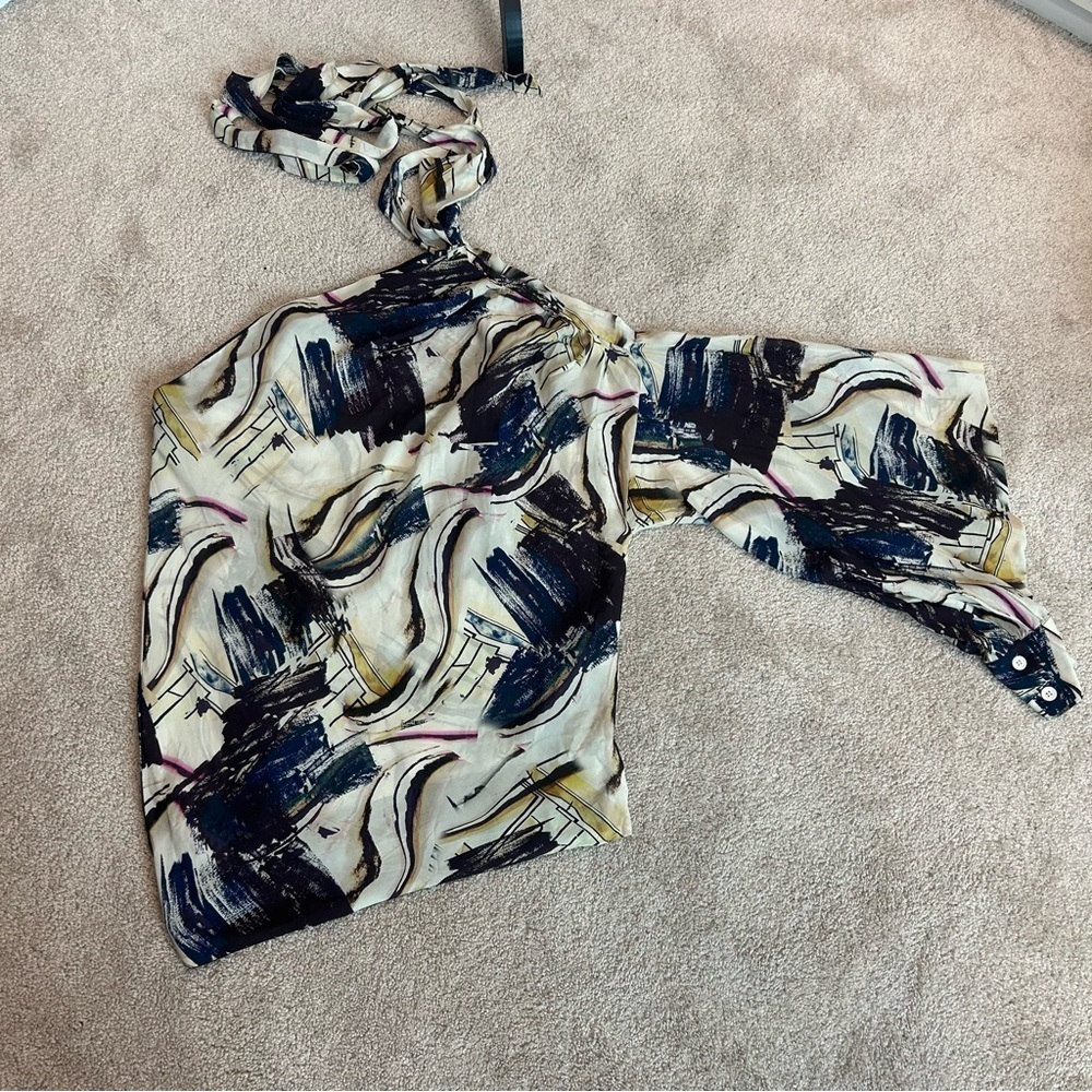 Zara limited edition abstract print asymmetrical one shoulder tie neck blouse M - Picture 9 of 14